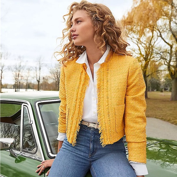LOFT Frayed Tweed Crop Jacket Blazer, Marigold Butter Yellow, Size XS - Picture 1 of 13